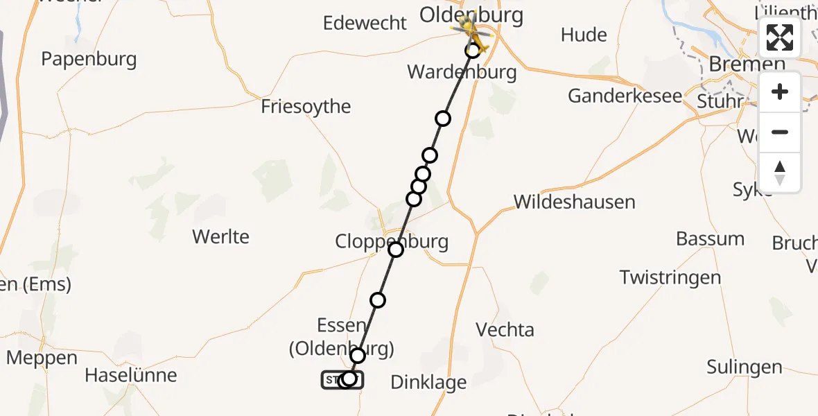 Flugroute Rettungshubschrauber Quakenbrück - Oldenburg (Oldb), 30 Juni 2026, 10:25