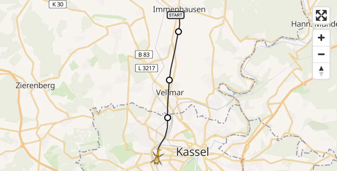 Flugroute Rettungshubschrauber Immenhausen - Kassel, 30 Juni 2026, 10:25