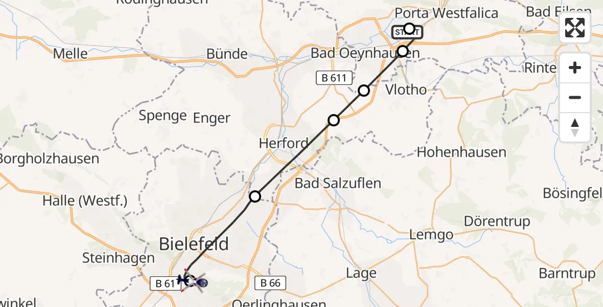 Flugroute Polizeihubschrauber Porta Westfalica Flugplatz - Luftrettungszentrum Bielefeld, 30 Juni 2026, 10:27