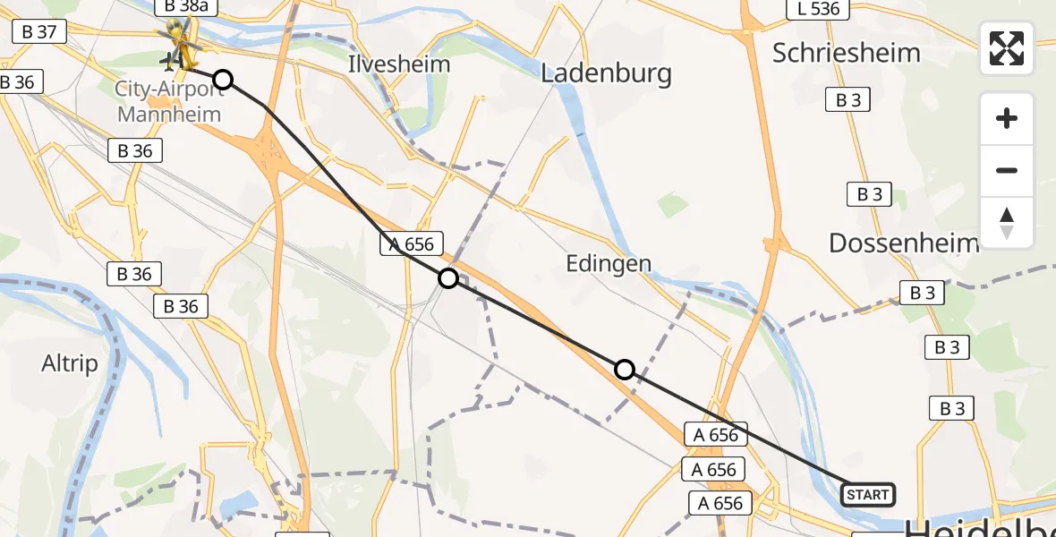 Flugroute Rettungshubschrauber Heidelberg - Mannheim-City Flughafen, 30 Juni 2026, 10:27