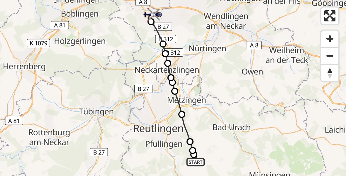 Flugroute Polizeihubschrauber St. Johann - Flughafen Stuttgart, 30 Juni 2026, 10:28