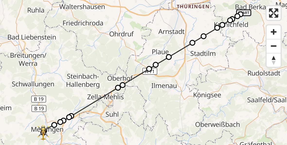 Flugroute Ambulanzhubschrauber Bad Berka - Helios Clinic Meiningen, 30 Juni 2026, 10:29