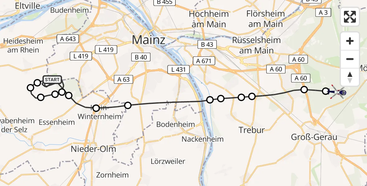Flugroute Polizeihubschrauber Mainz-Finthen Flugplatz - Groß-Gerau, 30 Juni 2026, 10:30