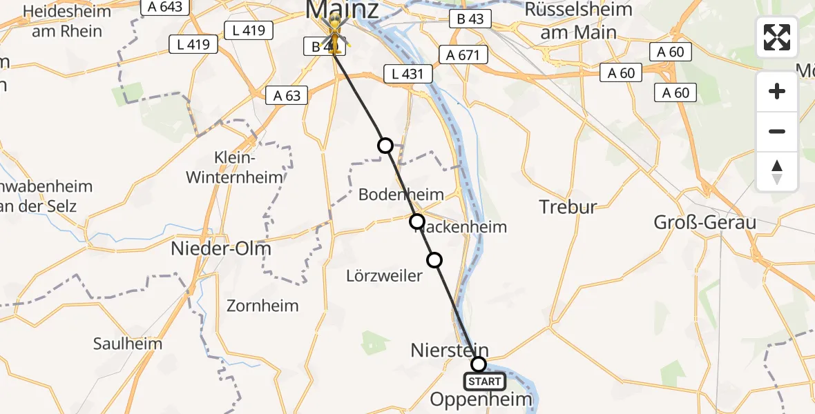 Flugroute Rettungshubschrauber Oppenheim - Mainz, 30 Juni 2026, 10:31