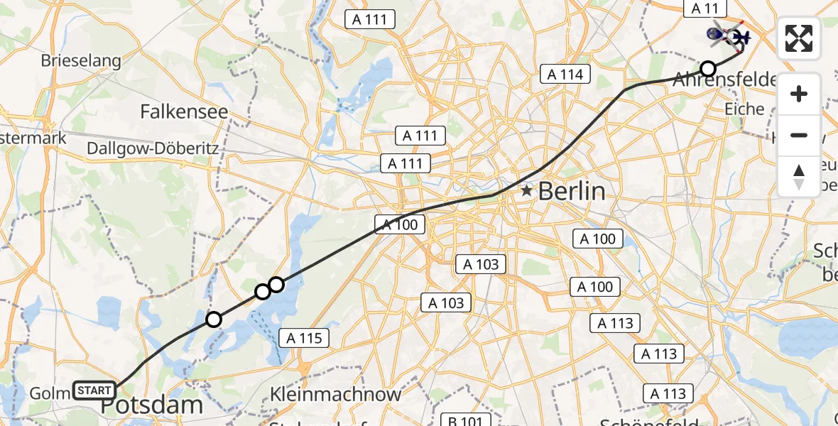 Flugroute Polizeihubschrauber Potsdam - Ahrensfelde Hubschrauberlandeplatz, 30 Juni 2026, 10:32