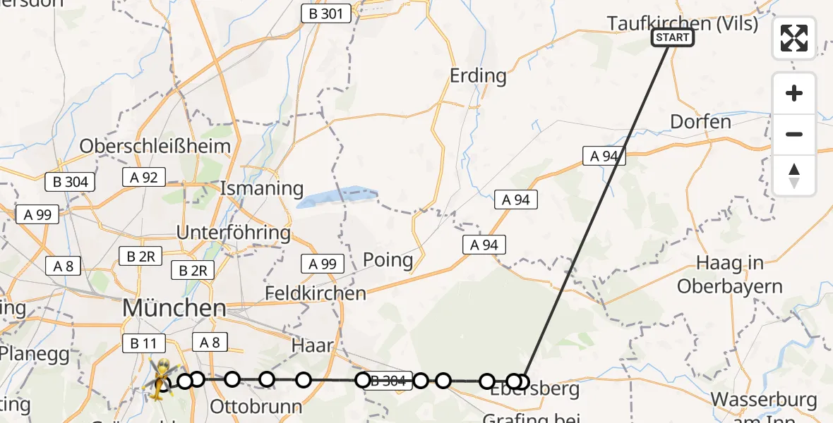 Flugroute Rettungshubschrauber Taufkirchen (Vils) - ADAC Air Rescue Center Hubschrauberlandeplatz (Christoph 1), 30 Juni 2026, 10:34