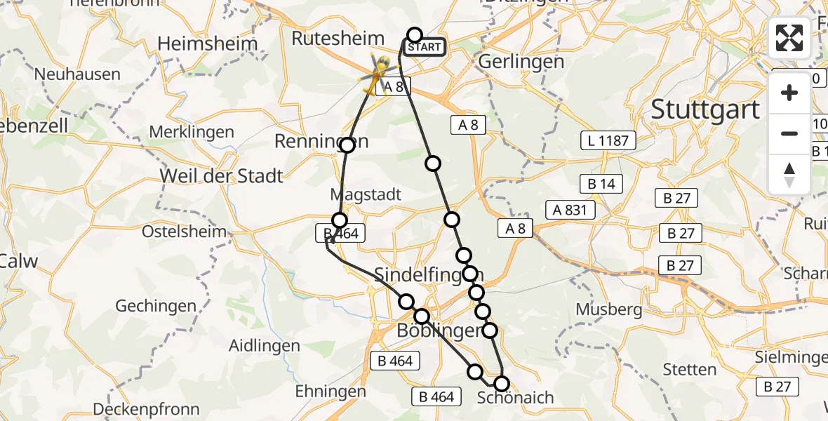 Flugroute Rettungshubschrauber Leonberg Hospital - Leonberg, 30 Juni 2026, 10:36