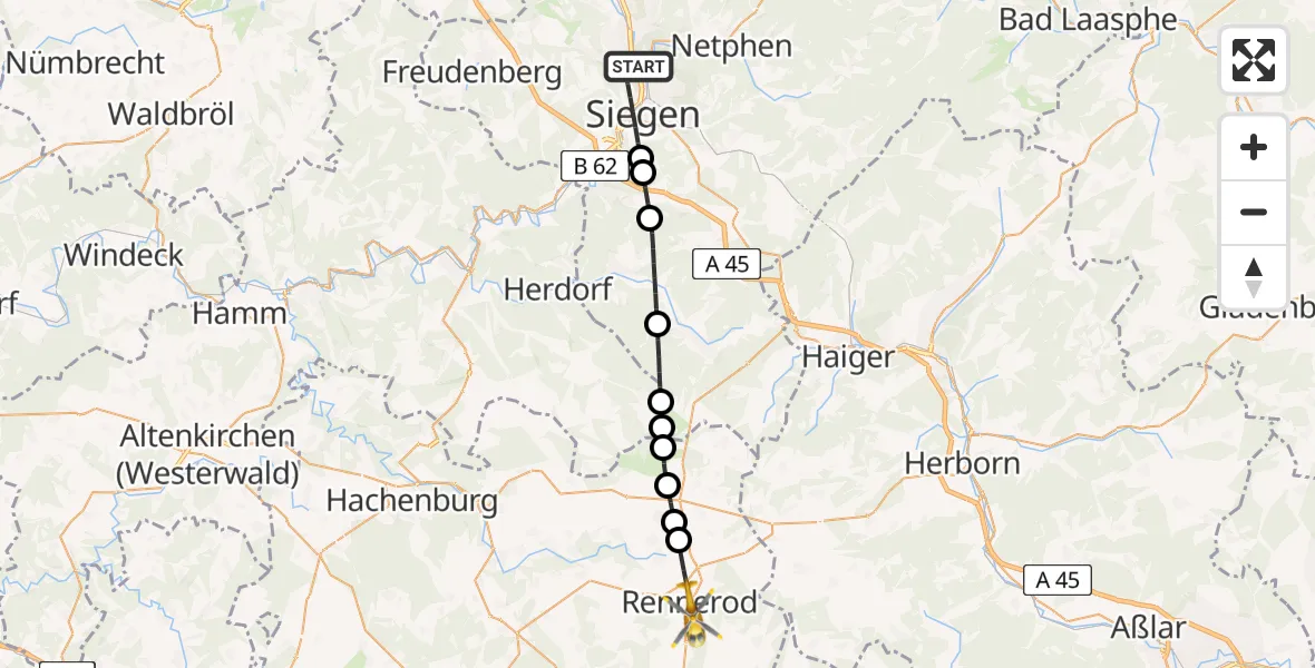 Flugroute Rettungshubschrauber Siegen - Rennerod, 30 Juni 2026, 10:39