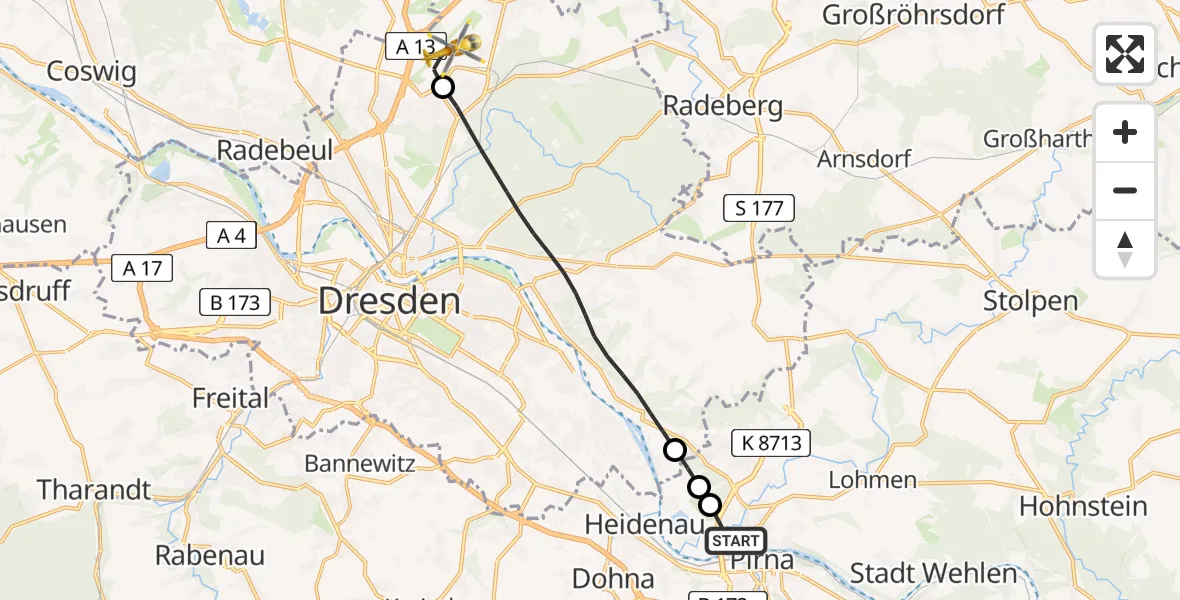 Flugroute Rettungshubschrauber Pirna - Dresden Bundespolizei Hubschrauberlandeplatz, 30 Juni 2026, 10:39