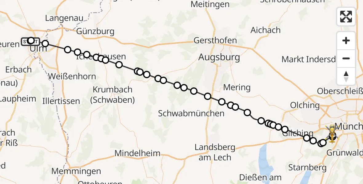 Flugroute Rettungshubschrauber Ulm Military Hospital Emergency - DRF Air Rescue München Hubschrauberlandeplatz, 30 Juni 2026, 10:43