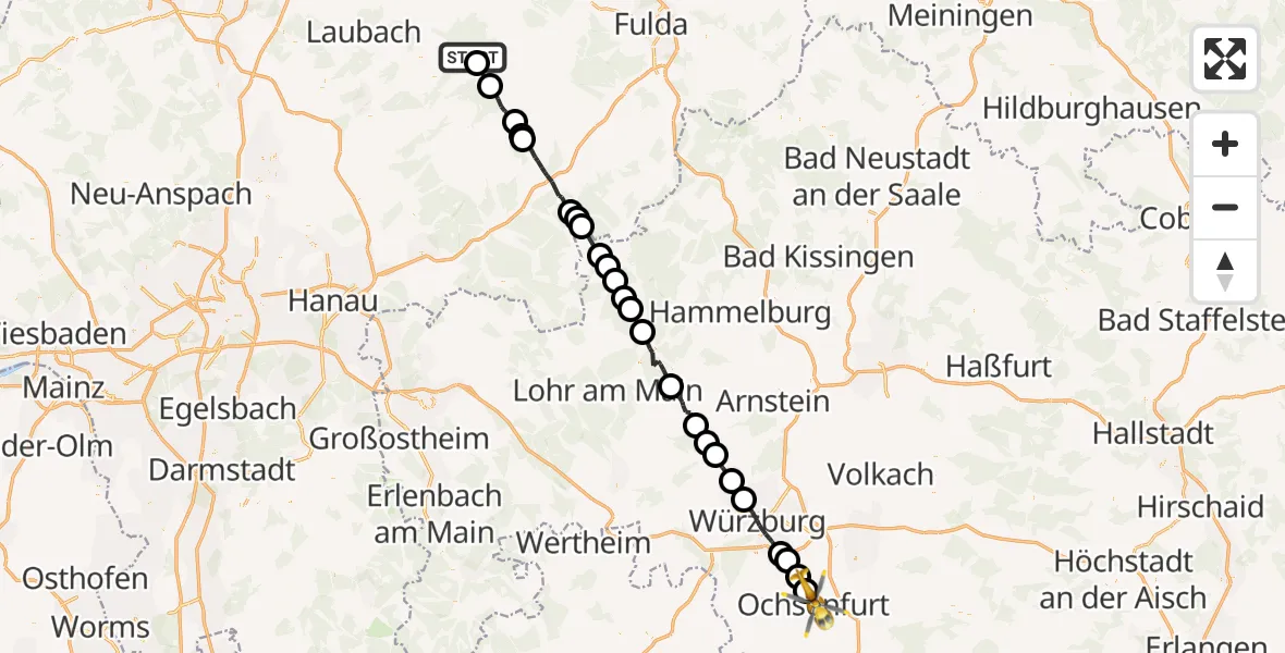 Flugroute Rettungshubschrauber Schotten - Ochsenfurt, 30 Juni 2026, 10:46