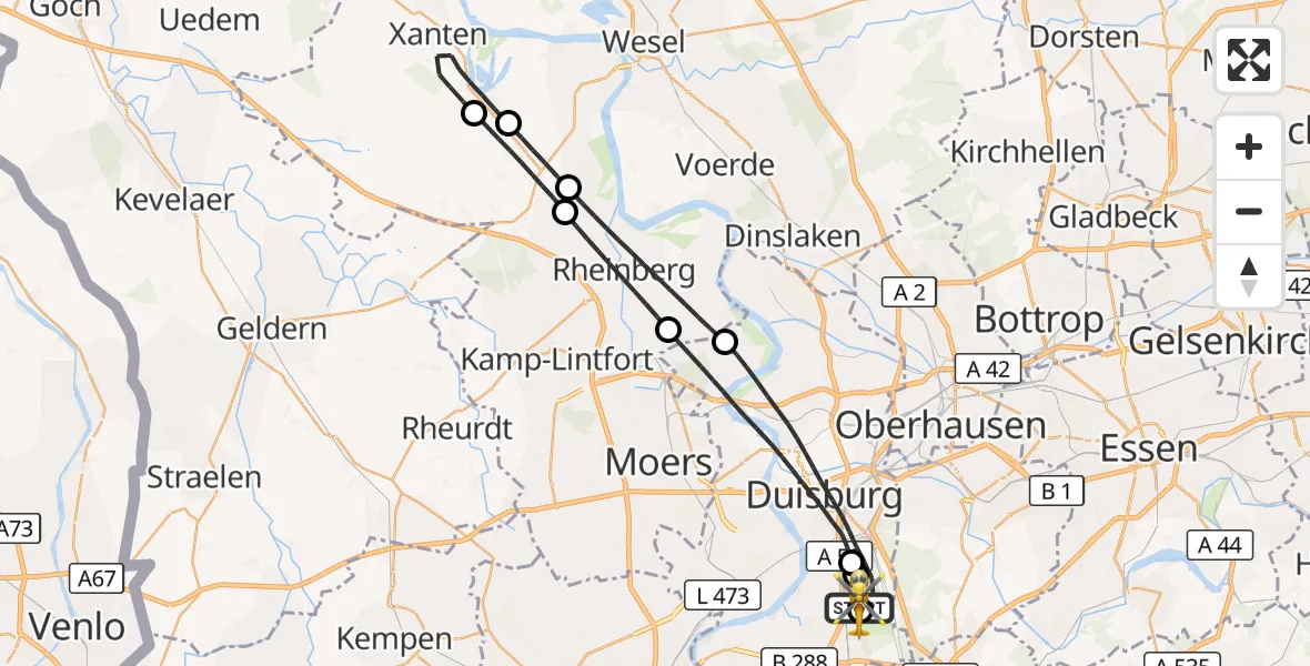 Flugroute Rettungshubschrauber Duisburg Air Rescue Hubschrauberlandeplatz (Christoph 9) - Duisburg Air Rescue Hubschrauberlandeplatz (Christoph 9), 30 Juni 2026, 10:55