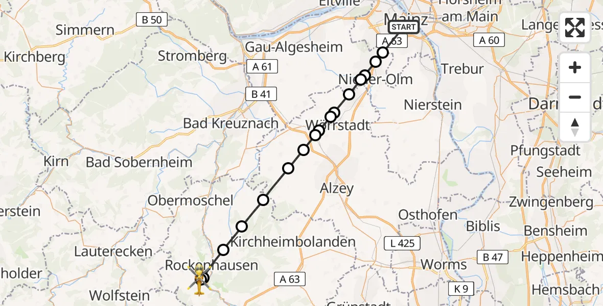 Flugroute Rettungshubschrauber Mainz - Imsweiler UL, 30 Juni 2026, 11:12