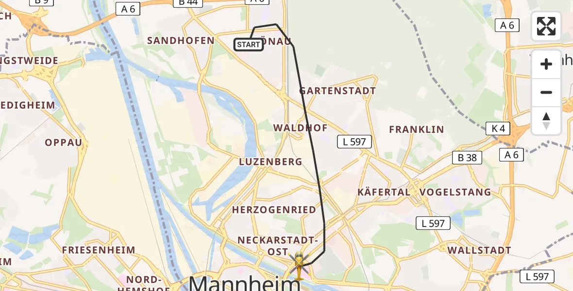 Flugroute Rettungshubschrauber Mannheim - Mannheim, 30 Juni 2026, 11:23