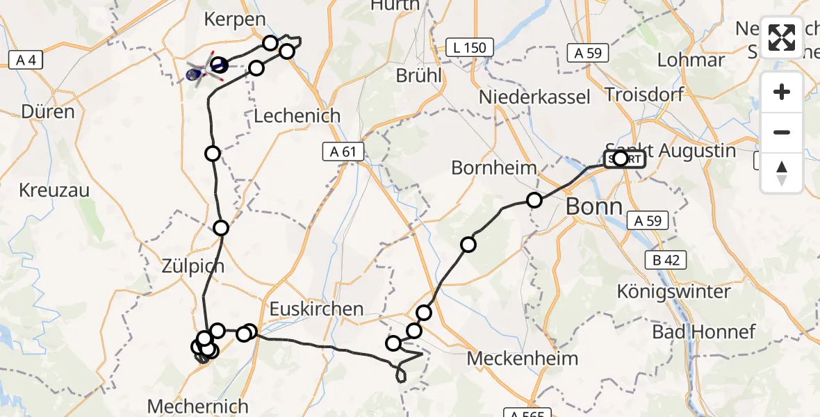 Flugroute Polizeihubschrauber Sankt Augustin - Militärflugplatz Nörvenich, 30 Juni 2026, 11:27