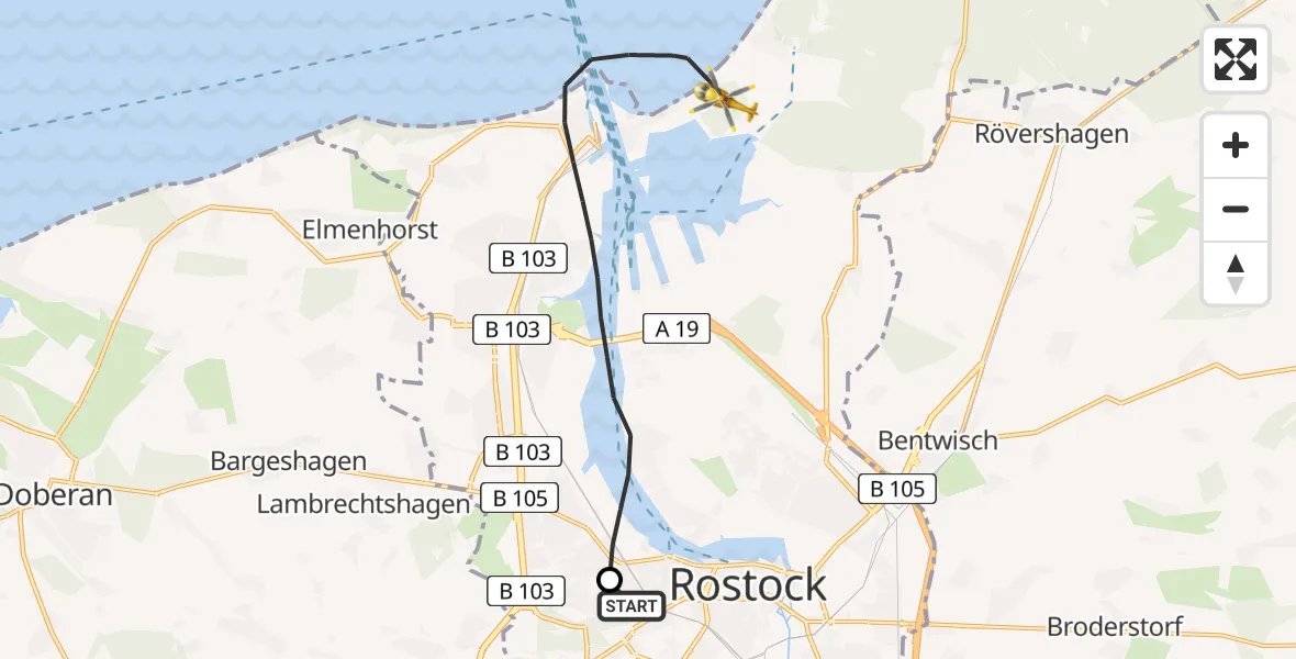 Flugroute Rettungshubschrauber Rostock University Hubschrauberlandeplatz - Rostock, 30 Juni 2026, 11:28