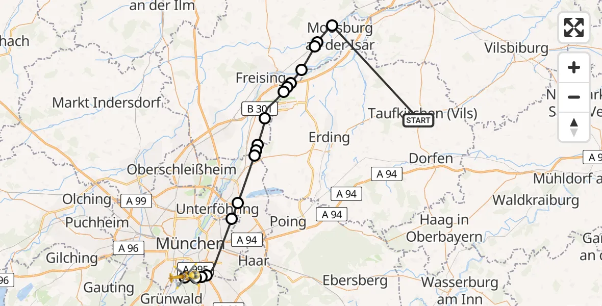 Flugroute Rettungshubschrauber Taufkirchen (Vils) - ADAC Air Rescue Center Hubschrauberlandeplatz (Christoph 1), 30 Juni 2026, 11:29