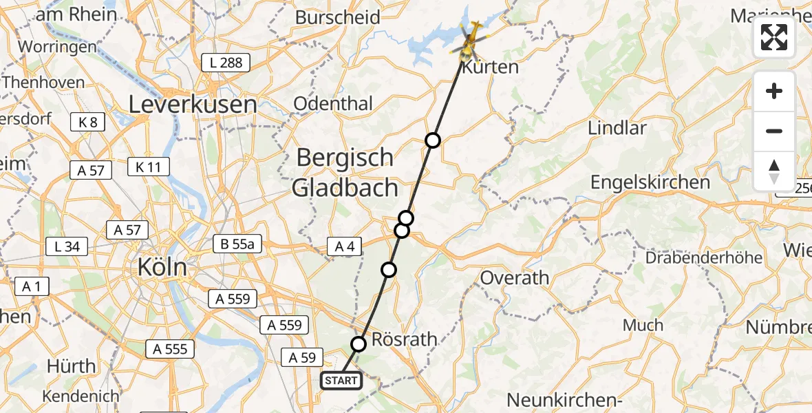 Flugroute Ambulanzhubschrauber Köln Bonn Flughafen - Kürten, 30 Juni 2026, 11:30