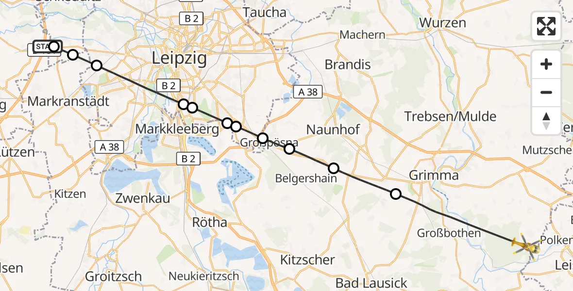 Flugroute Rettungshubschrauber ADAC Air Rescue Station Leipzig/Schkeuditz-Dölzig Hubschrauberlandeplatz (Christoph 61) - Grimma, 30 Juni 2026, 11:31
