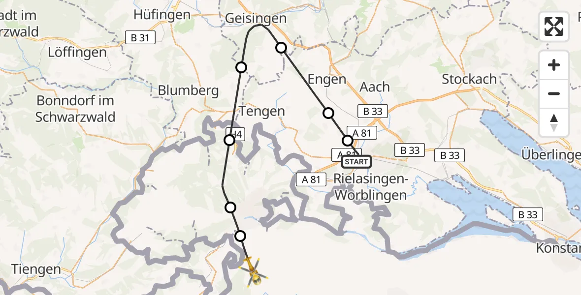 Flugroute Ambulanzhubschrauber Singen (Hohentwiel) - Dachsen, 30 Juni 2026, 11:33
