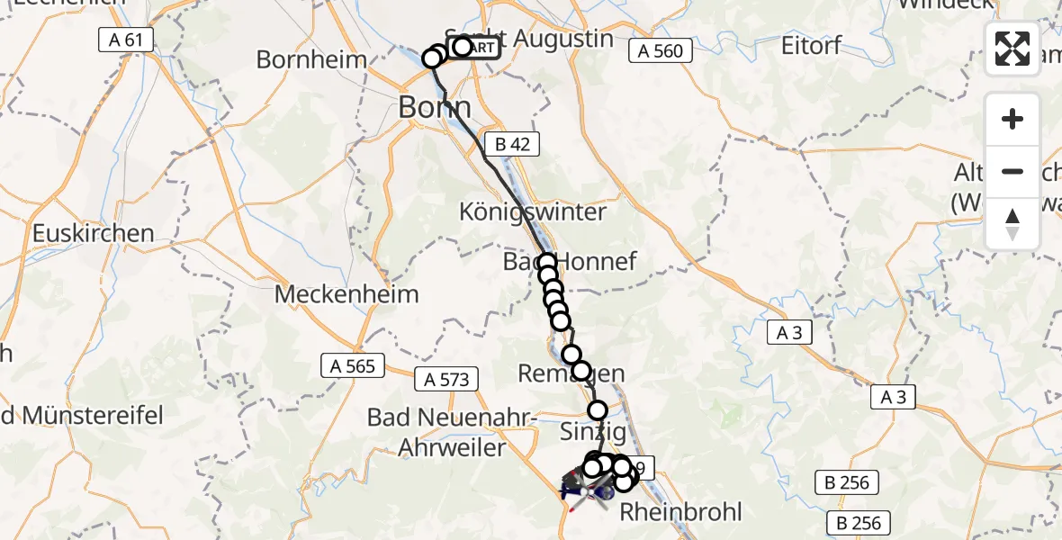 Flugroute Polizeihubschrauber Sankt Augustin - Sinzig, 30 Juni 2026, 11:34