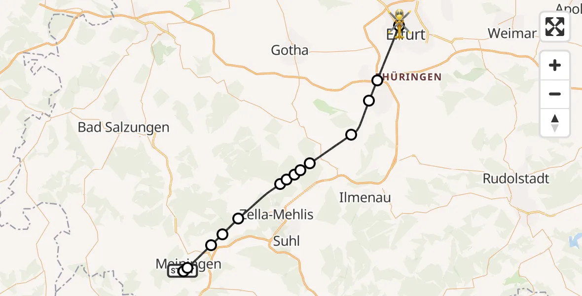 Flugroute Ambulanzhubschrauber Helios Clinic Meiningen - Helios Clinic Erfurt, 30 Juni 2026, 11:35