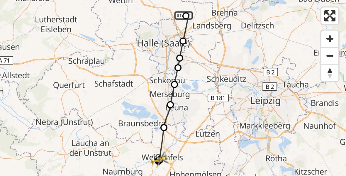 Flugroute Rettungshubschrauber Halle-Oppin Flugplatz - Asklepios Clinic Weißenfels, 30 Juni 2026, 11:36