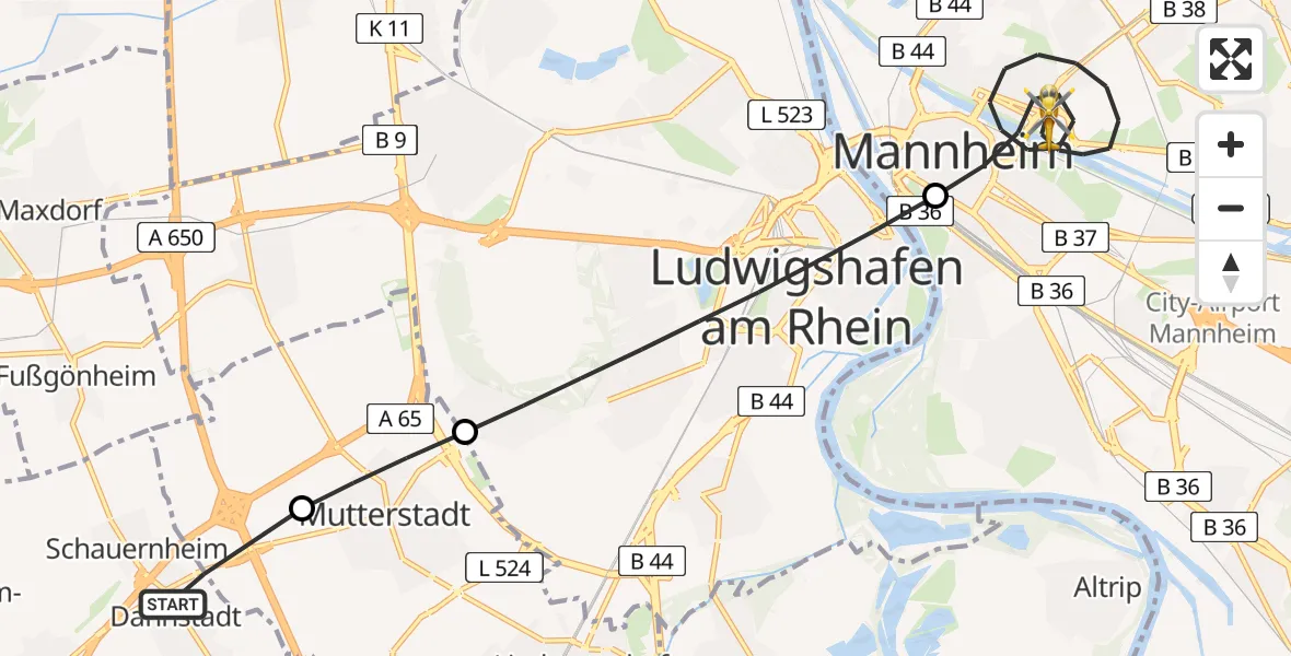 Flugroute Rettungshubschrauber Dannstadt-Schauernheim - Mannheim, 30 Juni 2026, 11:37