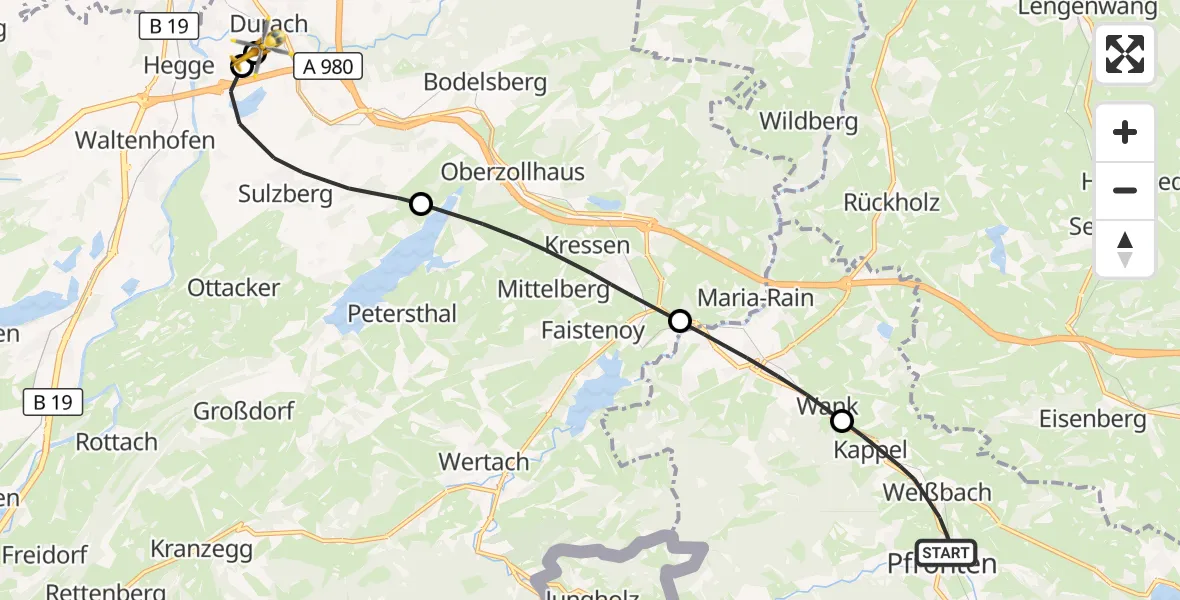 Flugroute Rettungshubschrauber Pfronten - Kempten-Durach Flugplatz, 30 Juni 2026, 11:37