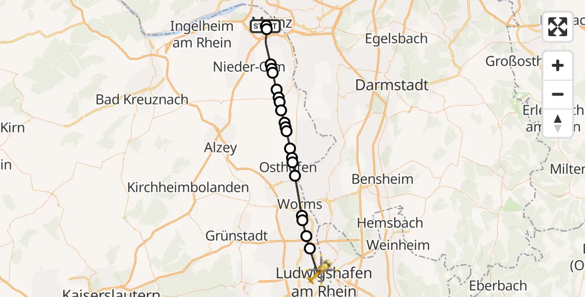 Flugroute Rettungshubschrauber Mainz University Hospital - Ludwigshafen am Rhein, 30 Juni 2026, 11:41