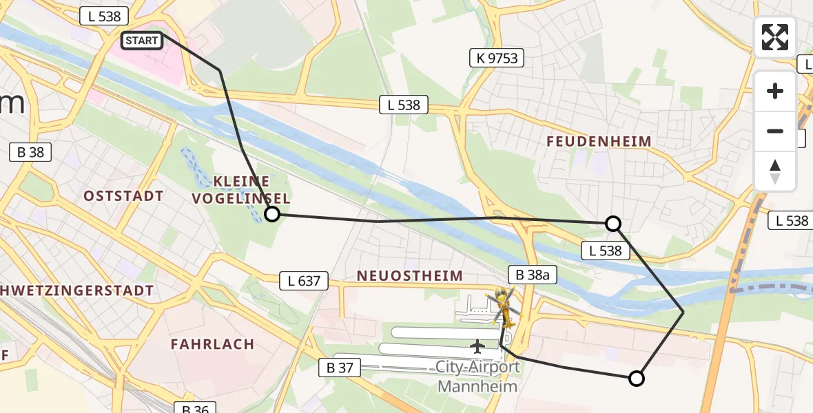 Flugroute Rettungshubschrauber Mannheim - Mannheim-City Flughafen, 30 Juni 2026, 11:43