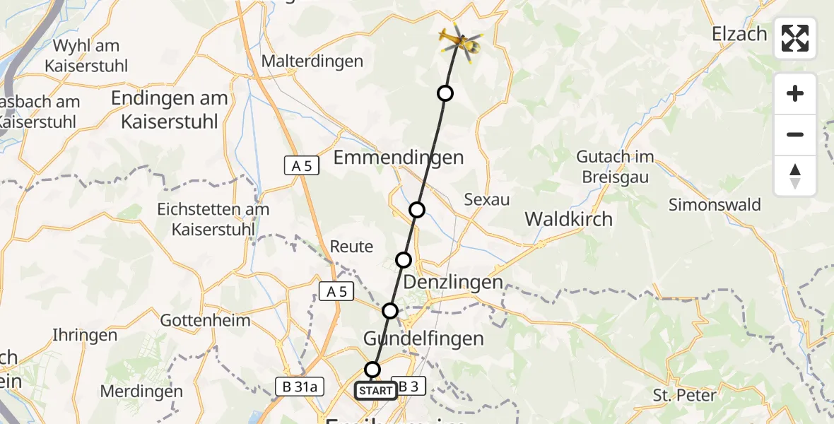 Flugroute Ambulanzhubschrauber Freiburg im Breisgau Flugplatz - Freiamt, 30 Juni 2026, 11:46