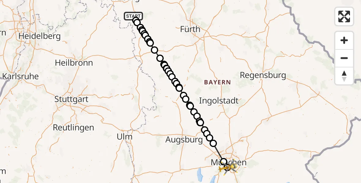 Flugroute Rettungshubschrauber Oberickelsheim - ADAC Air Rescue Center Hubschrauberlandeplatz (Christoph 1), 30 Juni 2026, 11:46