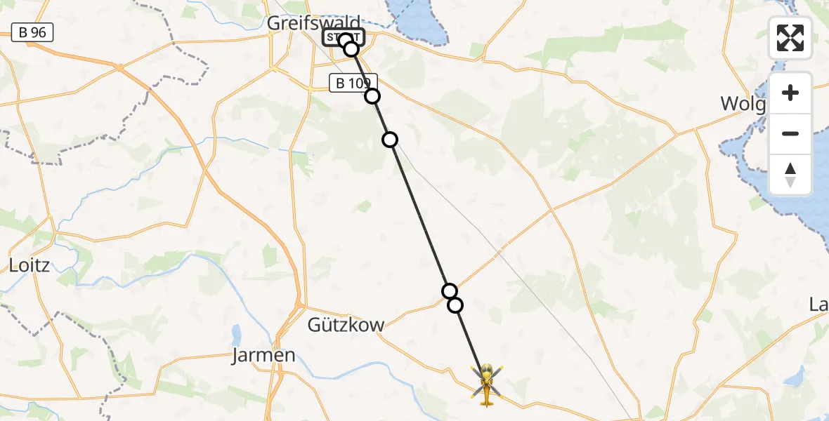 Flugroute Rettungshubschrauber Greifswald Hospital - Groß Polzin, 30 Juni 2026, 11:48