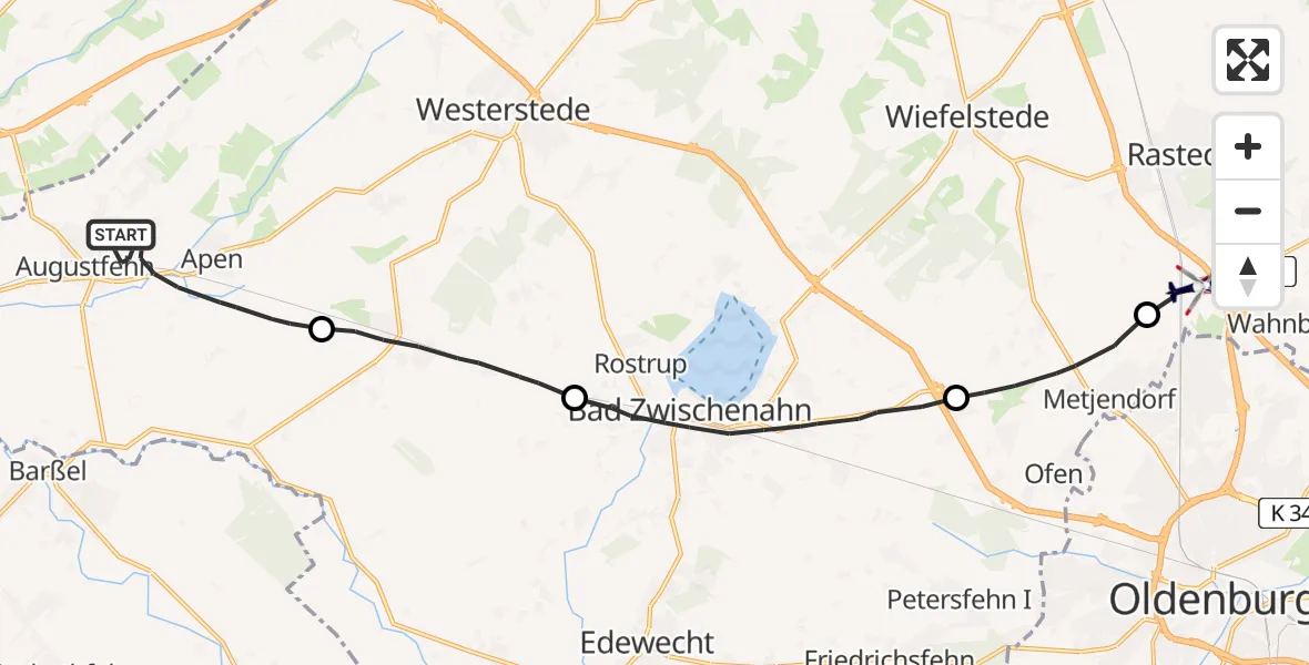 Flugroute Polizeihubschrauber Apen - Rastede, 30 Juni 2026, 11:53