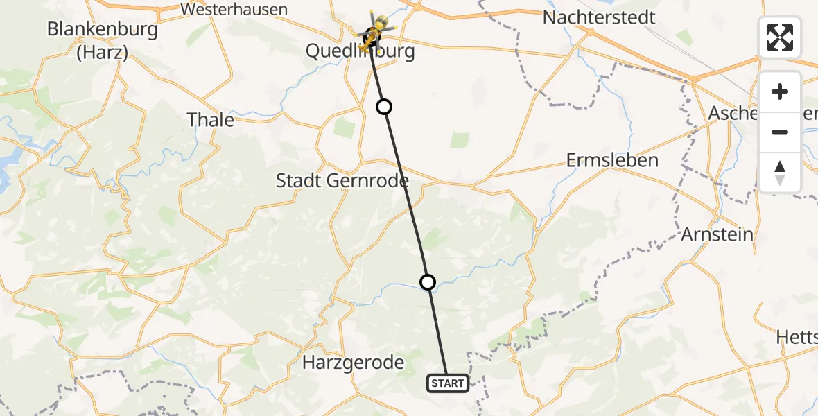 Flugroute Rettungshubschrauber Harzgerode - Harz Hospital Quedlinburg, 30 Juni 2026, 11:56
