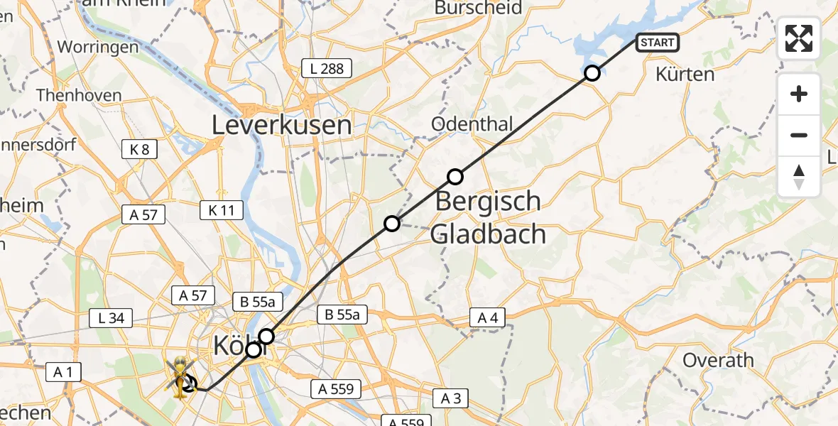 Flugroute Ambulanzhubschrauber Kürten - Köln University Hospital, 30 Juni 2026, 11:59
