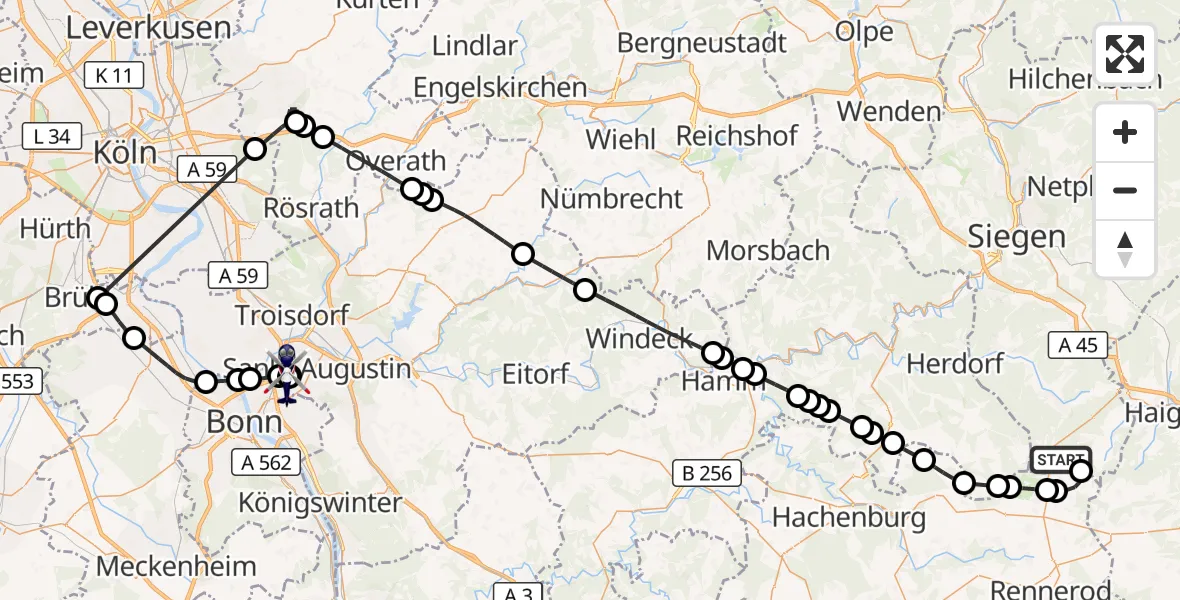 Flugroute Polizeihubschrauber Siegerland Flughafen - Sankt Augustin, 30 Juni 2026, 12:05