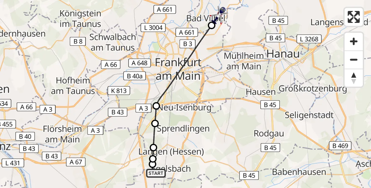 Flugroute Polizeihubschrauber Flughafen Frankfurt-Egelsbach - Bad Vilbel, 30 Juni 2026, 12:06