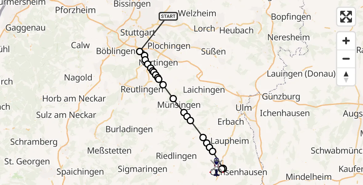 Flugroute Polizeihubschrauber Winnenden - Biberach an der Riß, 30 Juni 2026, 12:07