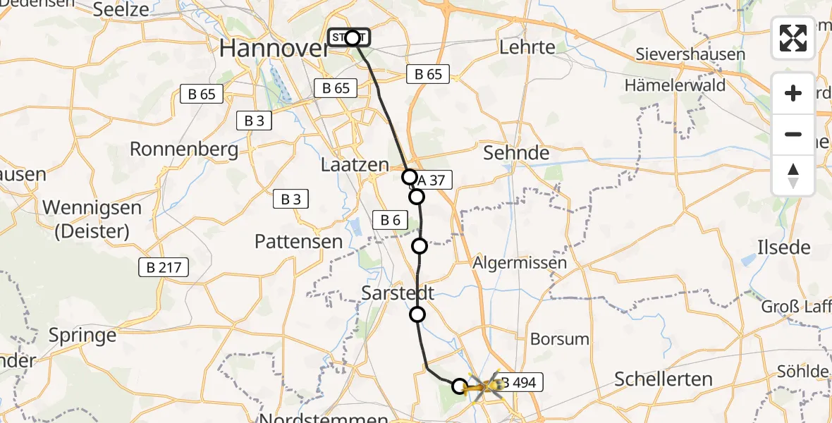 Flugroute Ambulanzhubschrauber Hannover Luftrettung Hubschrauberlandeplatz (Christoph 4) - Hildesheim, 30 Juni 2026, 12:09