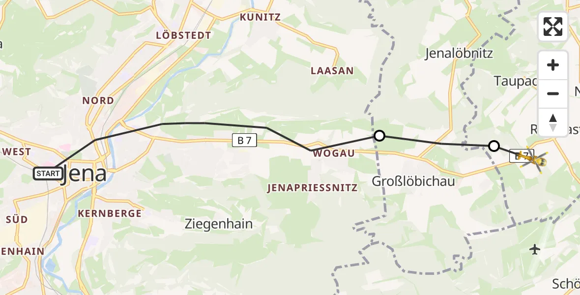 Flugroute Rettungshubschrauber Jena - Bürgel, 30 Juni 2026, 12:11
