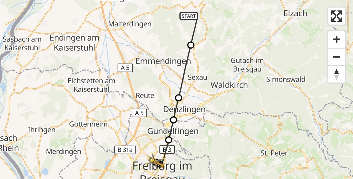 Flugroute Ambulanzhubschrauber Freiamt - Freiburg University Hospital Heliport 1, 30 Juni 2026, 12:11