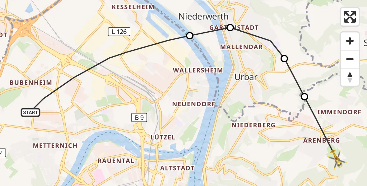 Flugroute Rettungshubschrauber Koblenz - Koblenz, 30 Juni 2026, 12:26