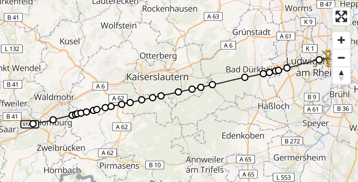 Flugroute Rettungshubschrauber Neunkirchen - Mannheim, 30 Juni 2026, 12:35