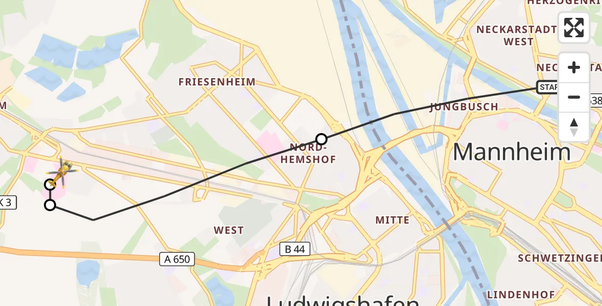 Flugroute Rettungshubschrauber Mannheim - Ludwigshafen Accident Hospital, 30 Juni 2026, 12:40