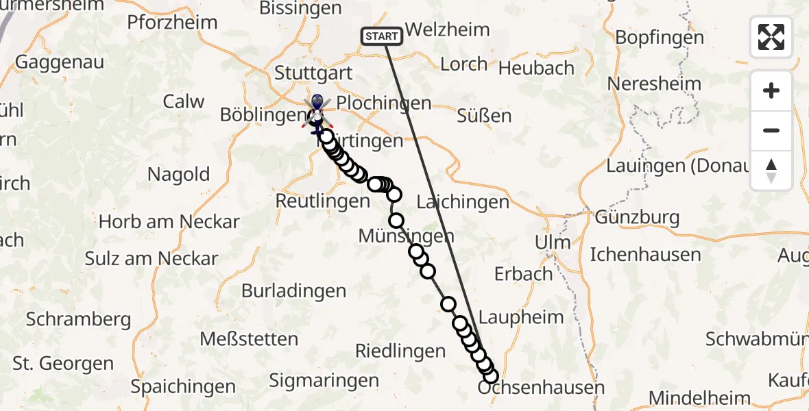 Flugroute Polizeihubschrauber Winnenden - Flughafen Stuttgart, 30 Juni 2026, 12:41