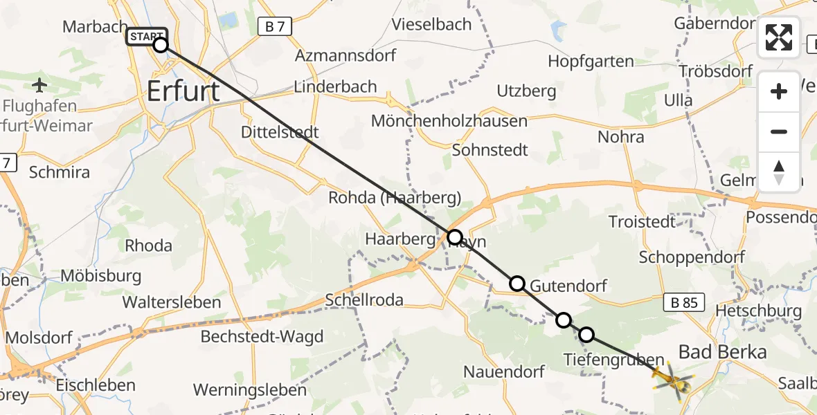 Flugroute Ambulanzhubschrauber Helios Clinic Erfurt - DRF Rettungsstation Bad Berka Hubschrauberlandeplatz, 30 Juni 2026, 12:44