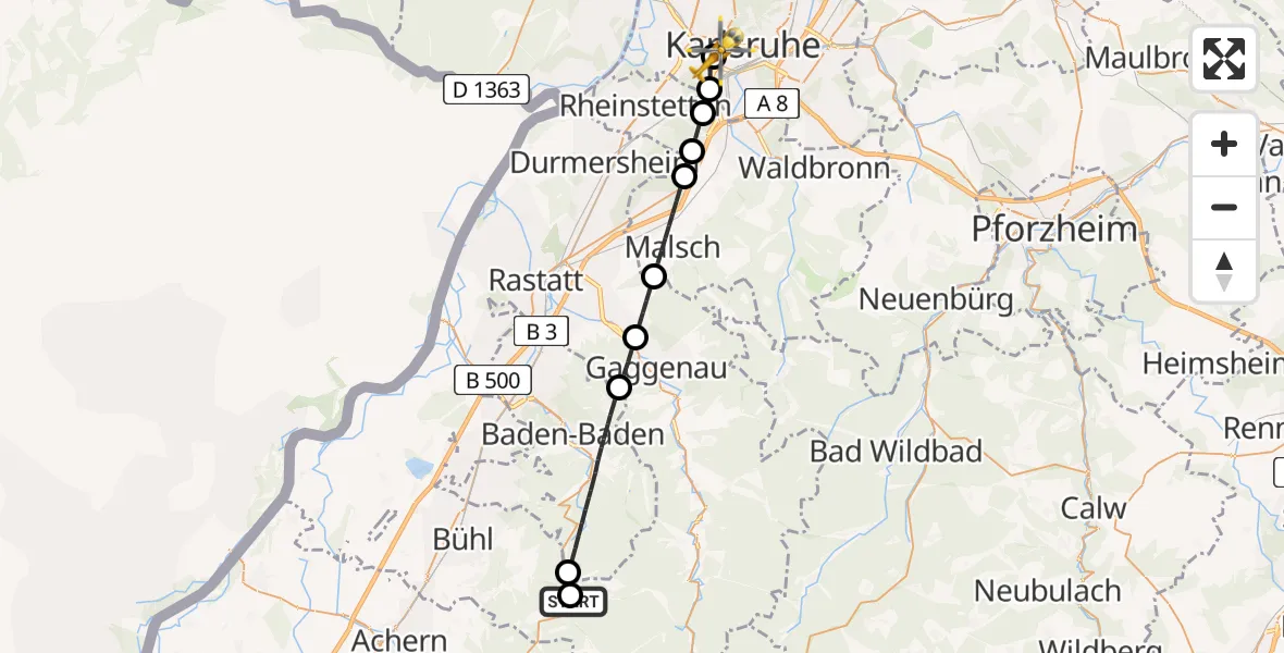 Flugroute Ambulanzhubschrauber Forbach - Sankt Vincentius Hospital, 30 Juni 2026, 12:47