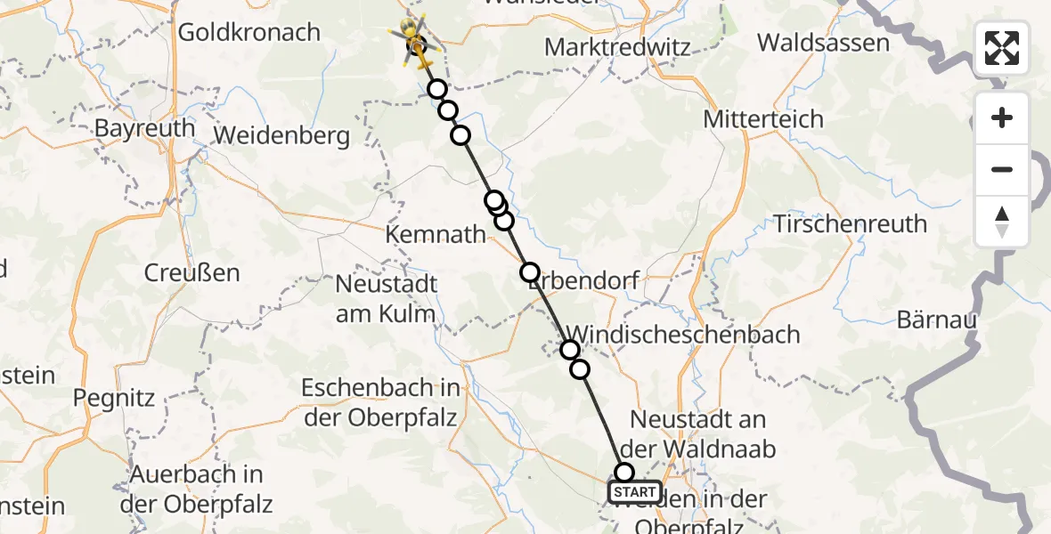 Flugroute Rettungshubschrauber Weiden i.d.OPf. - Fichtelberg, 30 Juni 2026, 12:48